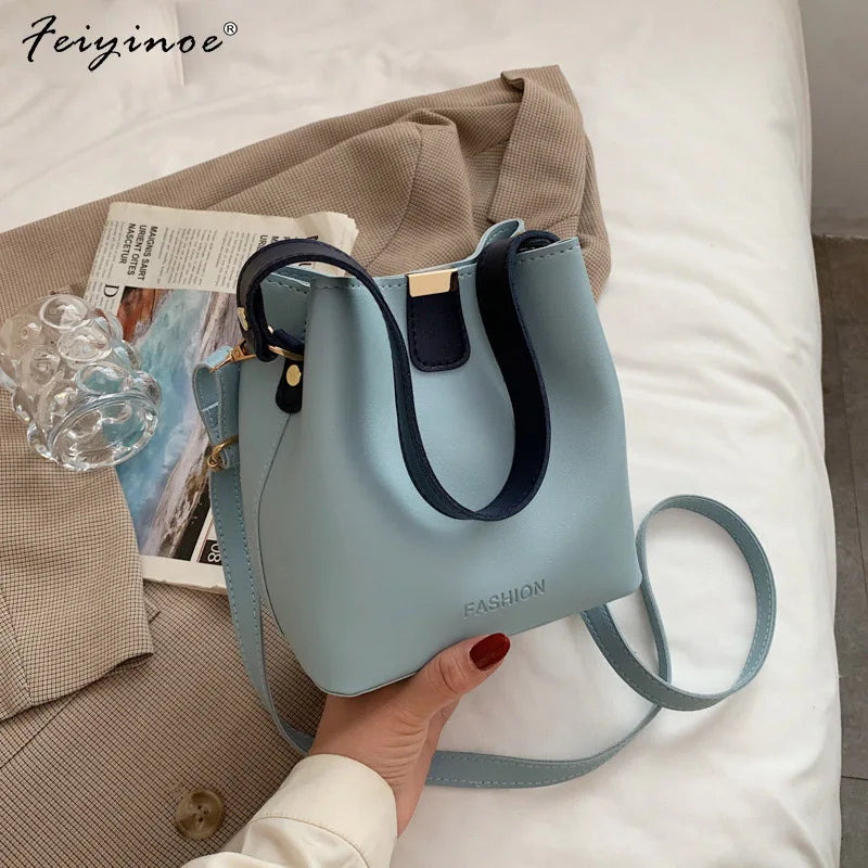 Vintage PU Leather Crossbody Bag Women Bucket Handbag