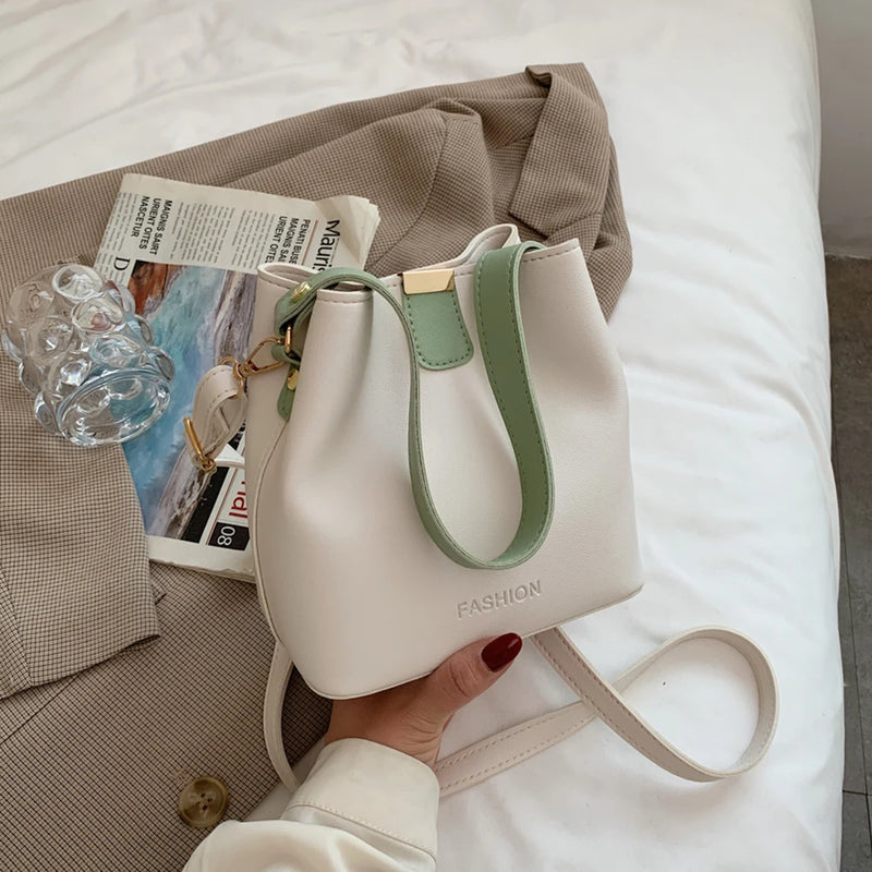 Vintage PU Leather Crossbody Bag Women Bucket Handbag