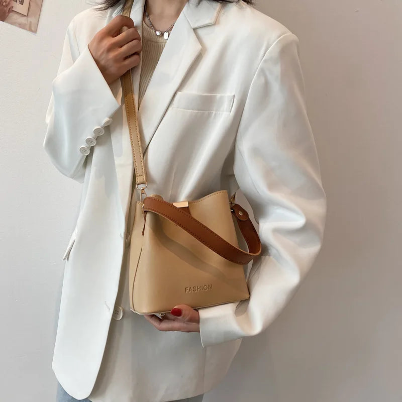 Vintage PU Leather Crossbody Bag Women Bucket Handbag