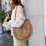 Hand-Woven Straw Bag Women Circle Shape Rattan Bag Big Capacity