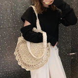 Hand-Woven Straw Bag Women Circle Shape Rattan Bag Big Capacity