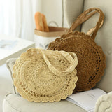 Hand-Woven Straw Bag Women Circle Shape Rattan Bag Big Capacity