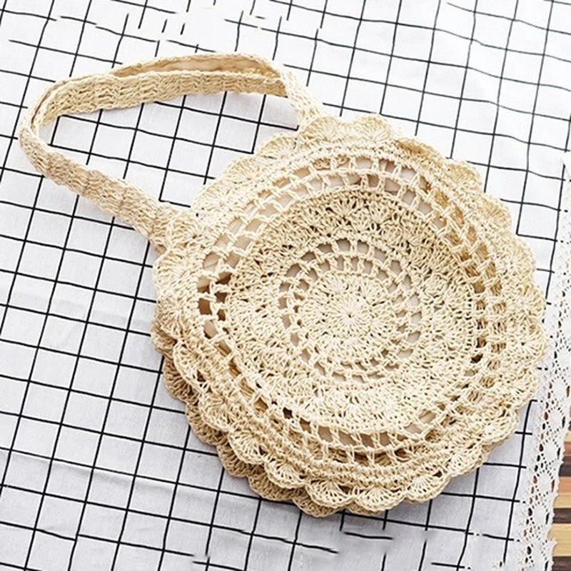 Hand-Woven Straw Bag Women Circle Shape Rattan Bag Big Capacity