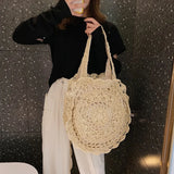 Hand-Woven Straw Bag Women Circle Shape Rattan Bag Big Capacity