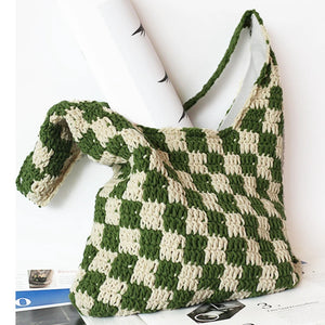 Plush Plaid Shoulder Bag Women Hand-woven Beach Handbag