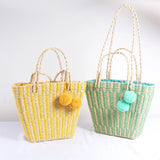 Hand-woven Wool Ball Straw Bag Beach Tote Shoulder Bag