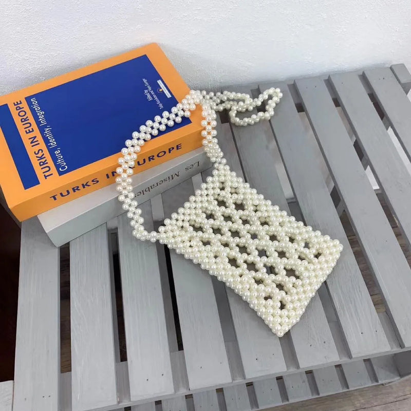 Hand-woven Beads Mini Flap Shoulder Bag Silver Transparent Beading