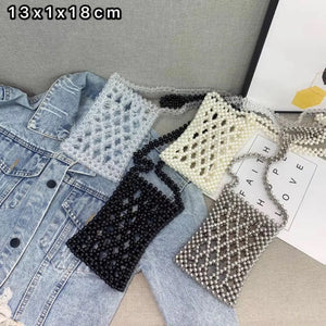 Hand-woven Beads Mini Flap Shoulder Bag Silver Transparent Beading