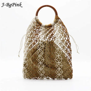 Handwoven Straw Beach Bag with Hollow Wood Handle