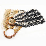 Handwoven Straw Beach Bag with Hollow Wood Handle