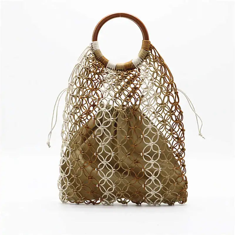Handwoven Straw Beach Bag with Hollow Wood Handle