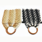 Handwoven Straw Beach Bag with Hollow Wood Handle