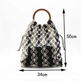 Handwoven Straw Beach Bag with Hollow Wood Handle