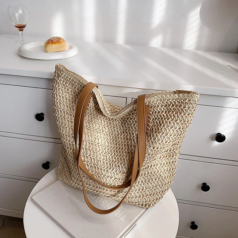 Bohemian Straw Beach Tote Bag Hand-woven Shoulder Handbag