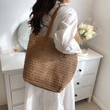 Bohemian Straw Beach Tote Bag Hand-woven Shoulder Handbag