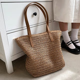 Bohemian Straw Beach Tote Bag Hand-woven Shoulder Handbag