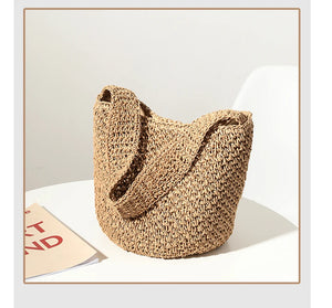 Hand-Woven Straw Bucket Bag Seaside Beach Vacation