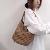 Hand-Woven Straw Bucket Bag Seaside Beach Vacation