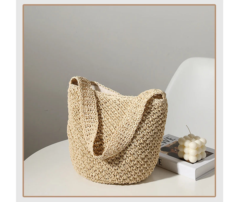 Hand-Woven Straw Bucket Bag Seaside Beach Vacation