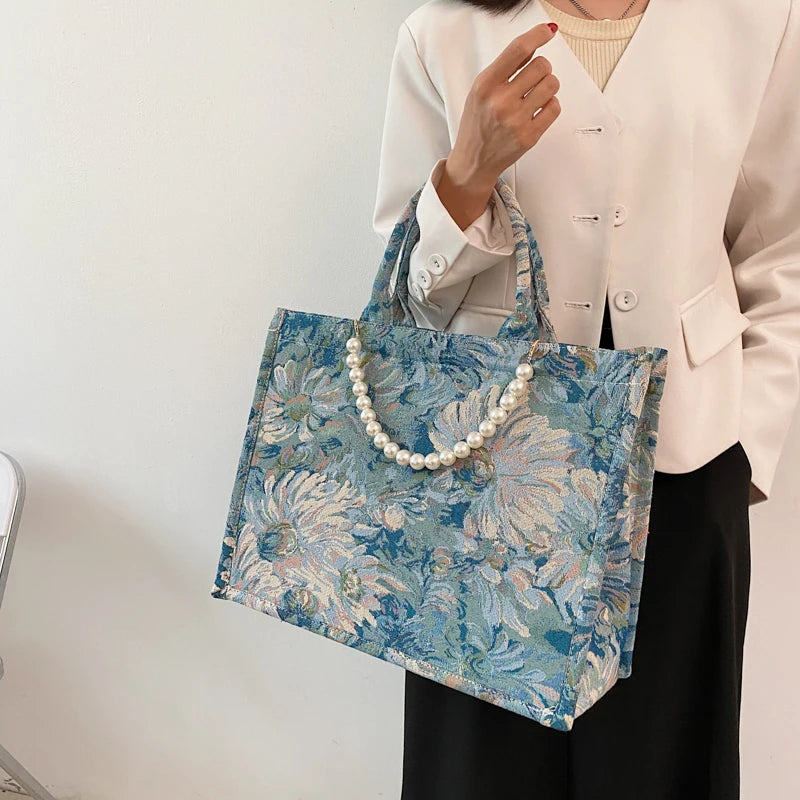 Vintage Oil Painting Canvas Tote Bag for Women