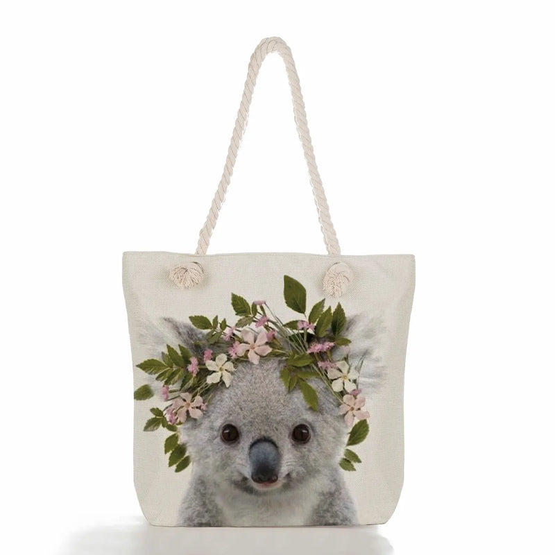 Animal Series Linen Tote Bag Fox Elephant Printed
