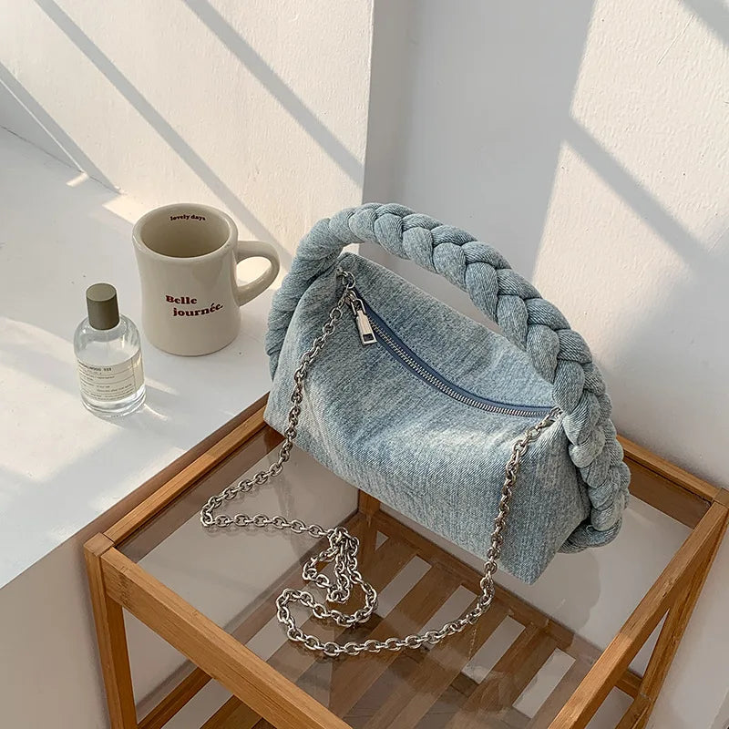 Vintage Denim Chain Messenger Tote Bag for Women