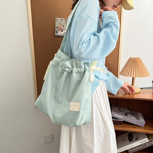 Drawstring Shoulder Bag Large Capacity Nylon Girl Shopping Tote Bag
