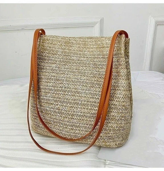 Boho Woven Straw Bucket Bag Beach Messenger One-shoulder Casual Bag