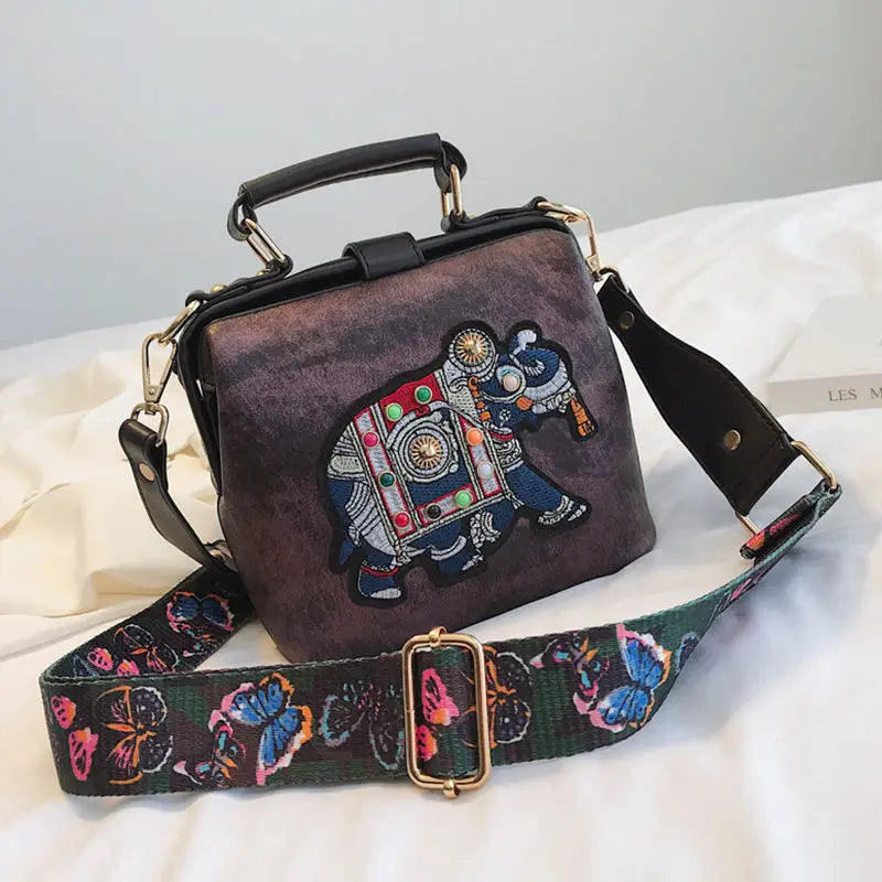 Elephant Embroidered Crossbody Bag Leather Handbag Messenger Purse