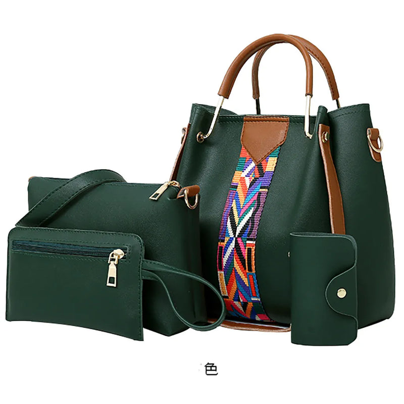 Women 4Pcs Retro Pattern Handbag Shoulder Bag+Card Package