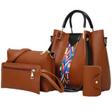 Women 4Pcs Retro Pattern Handbag Shoulder Bag+Card Package