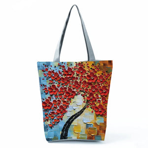 Cherry Blossom Oil Paint Tote Bag Reusable Eco Friendly High Capacity