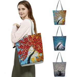 Cherry Blossom Oil Paint Tote Bag Reusable Eco Friendly High Capacity