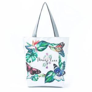 Floral Print Canvas Shoulder Bag Women High Capacity Shopping Handbag