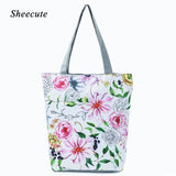 Floral Print Canvas Shoulder Bag Women High Capacity Shopping Handbag