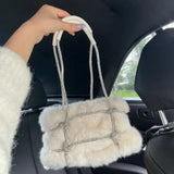 Women's Winter Faux Fur Tote Bag with Rhinestones