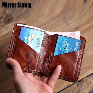 Men's Mini Wallet Short Ultra-thin Cowhide Leather Retro Ticket Holder