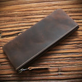 Vintage Cowhide Leather Pencil Case Zipper Pen Bag