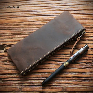 Vintage Cowhide Leather Pencil Case Zipper Pen Bag