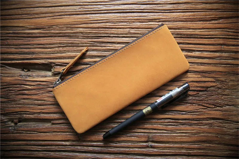 Vintage Cowhide Leather Pencil Case Zipper Pen Bag