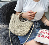 Half-Round Rattan Woven Straw Bag Women Messenger Crossbody Small Beach Handbag