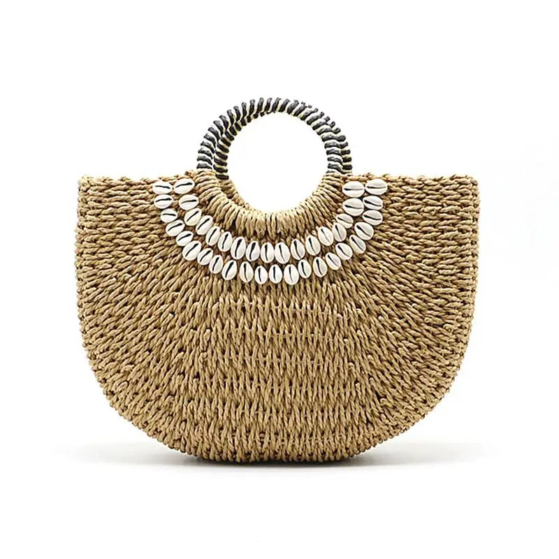 Hand Woven Straw Bags Shell Beach Handbag Tote Moon Shape Bohemian Straw