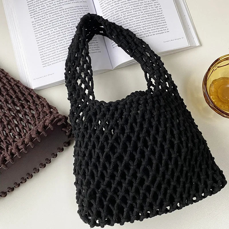 Fishnet Woven Crochet Tote Bag Macaron Cotton Rope Knitted Handbag