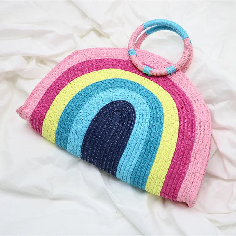 Rainbow Straw-weaving Shoulder Bag Women's Summer Beach Travel Casual Bag