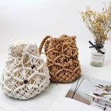 Handcrafted Straw Cotton Rope Bucket Bag Hollow Mesh Summer Beach Handbag