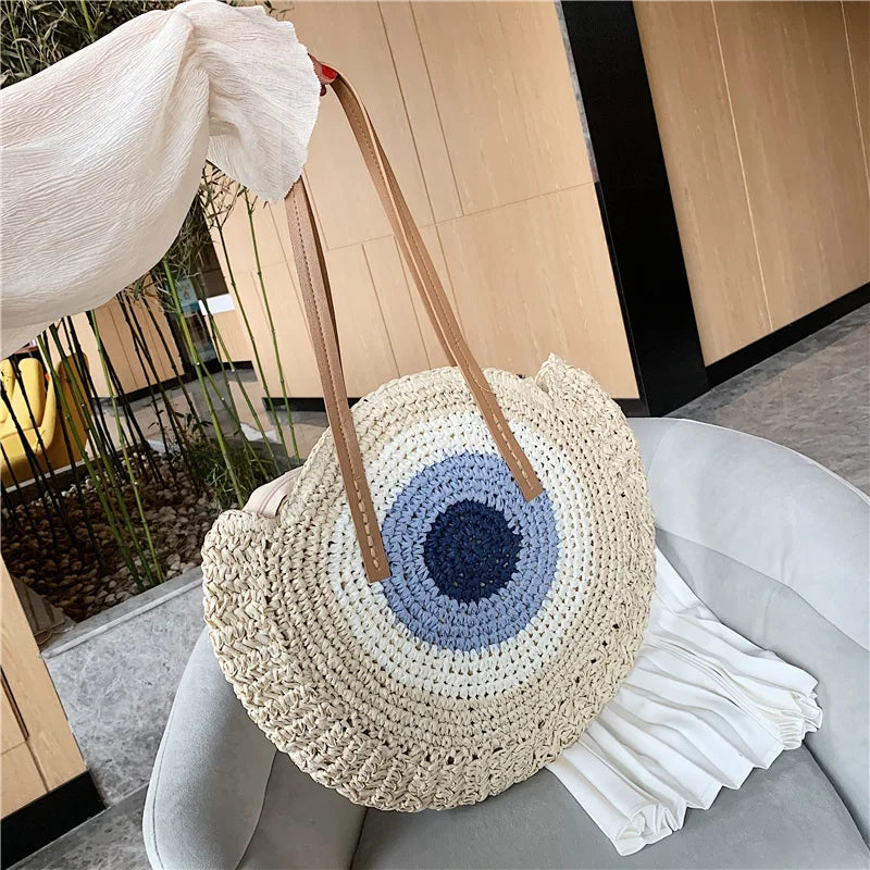 Summer Beach Round Straw Bags for Women Rattan Shoulder Handbag