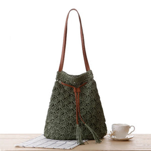Tassel Bucket Straw Bag Small Fresh Woven Shoulder Beach Bag