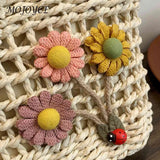 Handwoven Crossbody Bag Rattan Flower with Lace Bow for Ladies Shopping