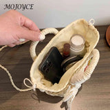 Handwoven Crossbody Bag Rattan Flower with Lace Bow for Ladies Shopping