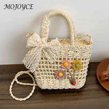 Handwoven Crossbody Bag Rattan Flower with Lace Bow for Ladies Shopping